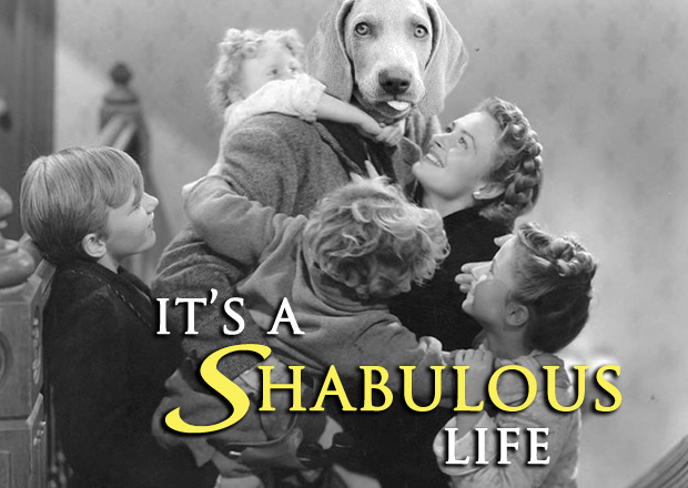 Shabby's head on the body of George Bailey from the film It's a Wonderful Life hugging his family