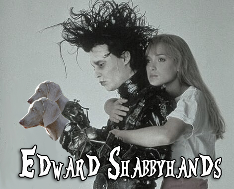 Shabby's head on each hand of Edward Scissorhands