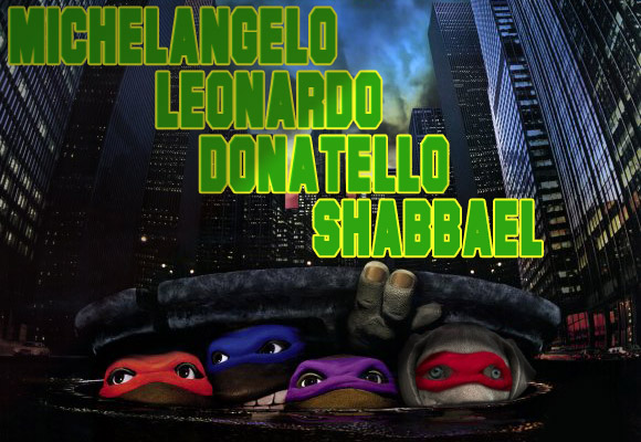 Shabby's head on the body of Raphael between the other Teenage Mutant Ninja Turtles