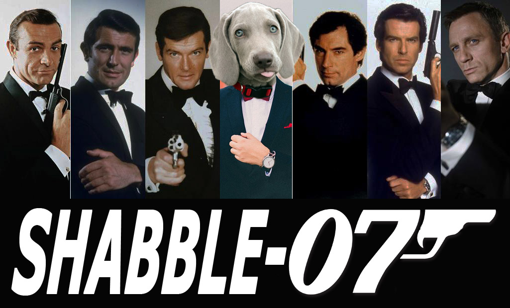 Shabby's head on a man's tuxedoed body, between six James Bond actors