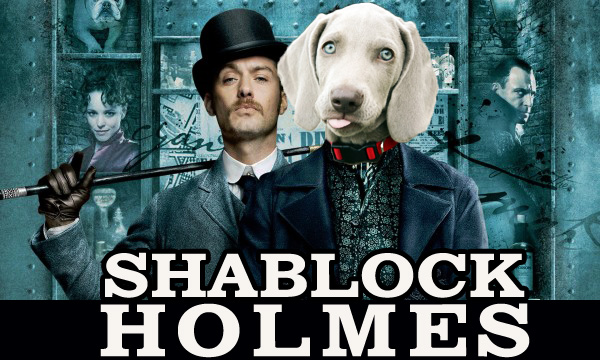 Shabby's head on Sherlock Holmes's body with Watson behind him